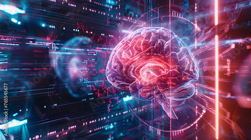 Creative illustration futuristic interpretation of epilepsy diagnosis, showing an MRI brain scan within a holographic display. photo