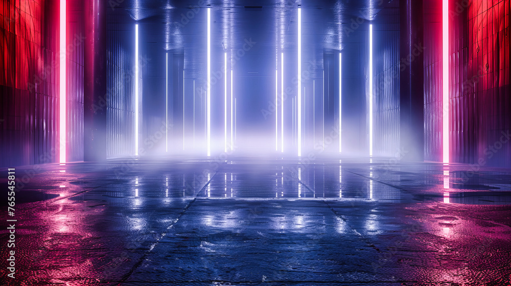 Bright Neon Lights in Dark Futuristic Room, Empty Stage with Glowing Floor and Modern Abstract Background Bright Neon Lights in Dark Futuristic Room, Empty Stage with Glowing Floor and Modern Abstract Background