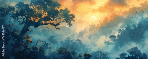Mystical Dawn Mist Enveloping Lush Forest Awakening to Ethereal Light