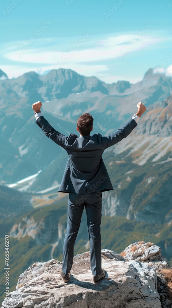 Obraz premium Businessman in a suit on top of a mountain celebrating his victory and success, conquers a challenging mountain peak, symbolizing determination, ambition