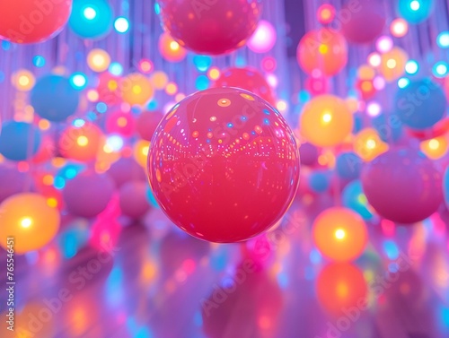 Capture the dynamic energy of levitating color-changing balls from a captivating worms-eye view Show the vibrancy and mood of the room  © Chano_1_na
