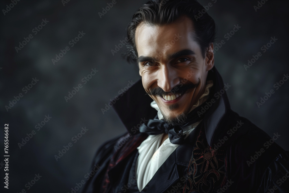 Obraz premium Dracula dashing and handsome, wicked grin of an elegant vampire of ancient aristocracy in a copy space for Halloween