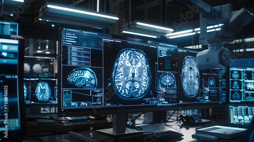 MRI brain scan displayed on multiple monitors within a high-tech neurology lab, with digital highlights pinpointing the areas affected by TBI. photo