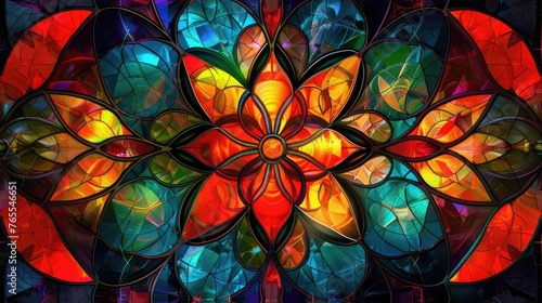 Vibrant Fractal Geometry: Intricate Stained Glass-style Design with Symmetry and Detail