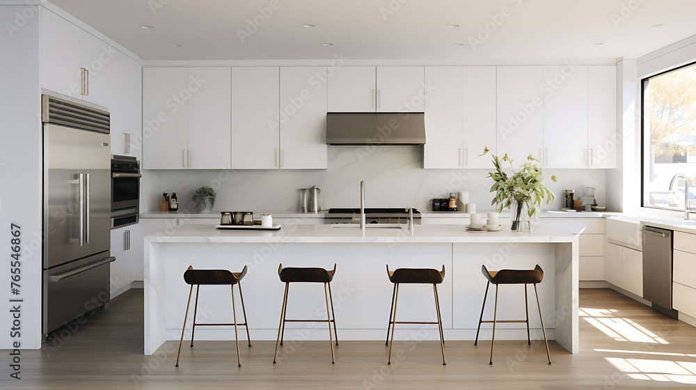 Sleek white kitchen featuring minimalist cabinetry, stainless steel appliances, and marble countertops, exuding contemporary elegance and functionality in a clean and bright space