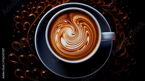 An overhead view of a steaming cappuccino cup on a saucer.