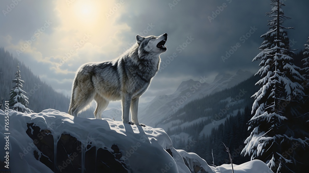 An ultra-realistic depiction of a howling wolf perched at twilight.





