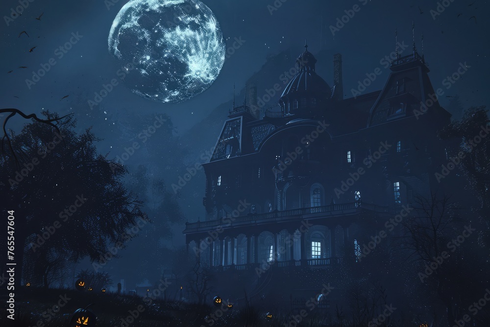Dark, scary Haunted Mansion would make a great Halloween background illustration with its large moon and owl. 