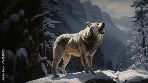 An ultra-realistic depiction of a howling wolf perched at twilight.