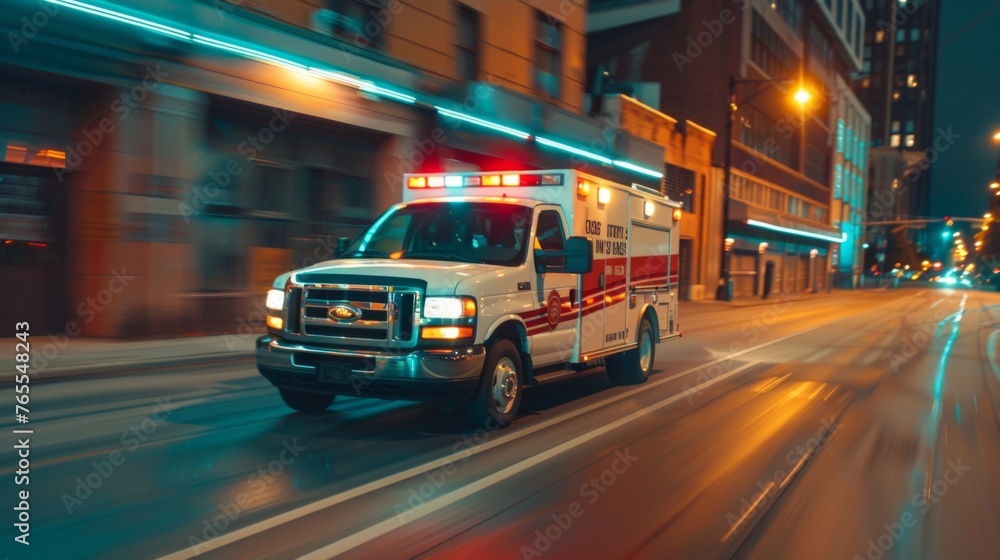An ambulance speeds by with flashing lights and wailing sirens