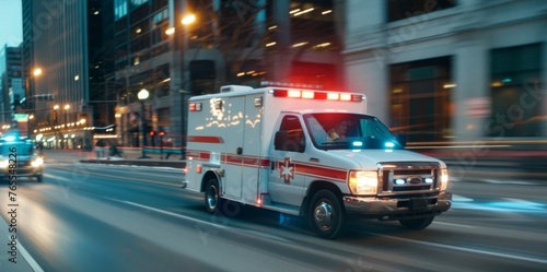 An ambulance speeds by with flashing lights and wailing sirens