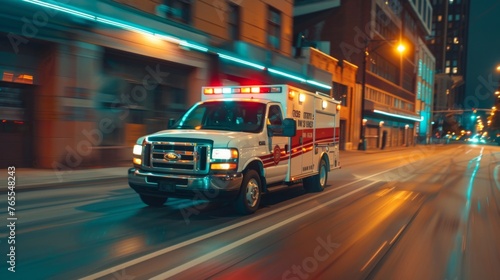 An ambulance speeds by with flashing lights and wailing sirens