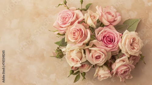 Charm of pink roses, details of flowers and leaves artfully arranged on a beige background