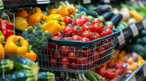 Fresh vegetables for health, a shopping cart filled with a variety of nutritious greens and colorful vegetables