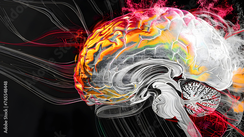 Abstract visualization of a brain hemorrhage from an MRI perspective, with vivid colors marking the hemorrhagic areas against the brain's grayscale anatomy. photo