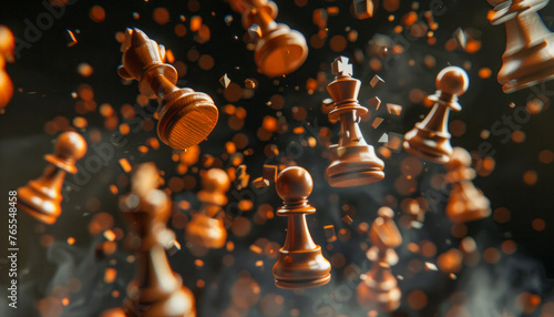Exploding chess pieces in dynamic motion