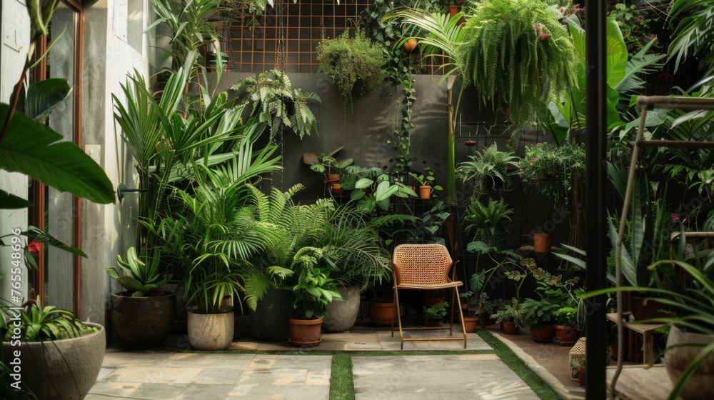 Lush beauty of a tropical terrace filled with a variety of plants creating a vibrant green oasis