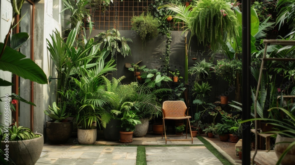 Lush beauty of a tropical terrace filled with a variety of plants creating a vibrant green oasis Lush beauty of a tropical terrace filled with a variety of plants creating a vibrant green oasis