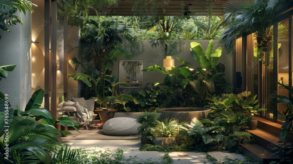 Lush beauty of a tropical terrace filled with a variety of plants creating a vibrant green oasis Lush beauty of a tropical terrace filled with a variety of plants creating a vibrant green oasis