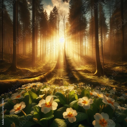 Lawn of primroses in the spring forest. The sun's rays shine through the tree crowns. Photo background
