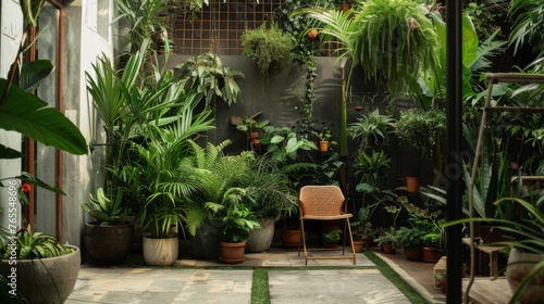 Lush beauty of a tropical terrace filled with a variety of plants creating a vibrant green oasis