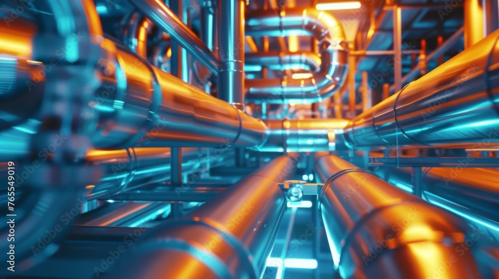 Industrial processes using pipelines close-up at a gas and oil processing plant