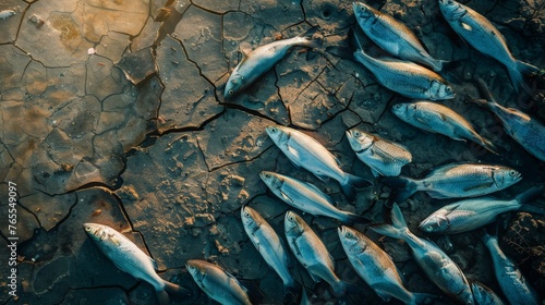 Multitude of Fish Lifelessly Scattered on a Cracked Sea Bed, a Grim Indicator of Ecological Imbalance and Drought photo