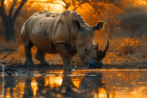 Javan rhino by muddy waterhole golden hour lighting wide shot 