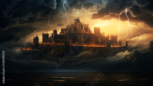 Great castle dark with strong rays and lightning ..