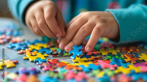 Close-up of a child s hands working on a color puzzle with autism spectrum disorder