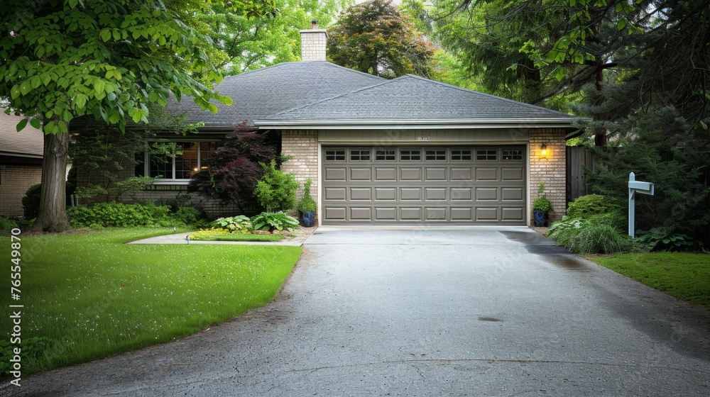 Closed garage door and empty driveway, security and privacy of a private home - obrazy, fototapety, plakaty 