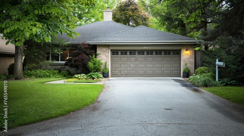 Closed garage door and empty driveway, security and privacy of a private home