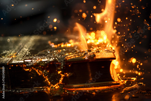 Design a hyper-realistic image of a bible being forged from molten gold. © Sirisook