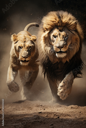 lion's duel, macrography, family, Hyper realistic, detail quality, photography сreated with Generative Ai