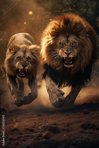 lion's duel, macrography, family, Hyper realistic, detail quality, photography сreated with Generative Ai © Andrii Yablonskyi