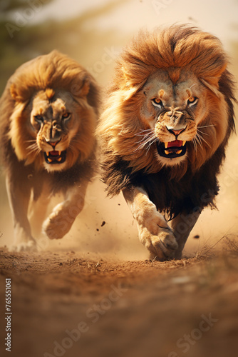 lion's duel, macrography, family, Hyper realistic, detail quality, photography сreated with Generative Ai