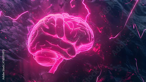 Abstract visualization of an MS brain MRI, with affected areas illuminated in bright pink against the brain's silhouette.