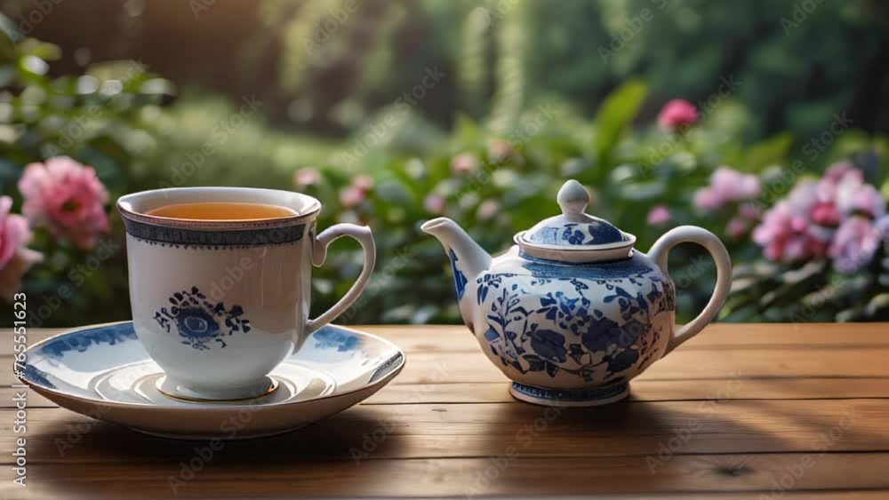 Teapot and mug with tea on nature background Teapot and mug with tea on nature background