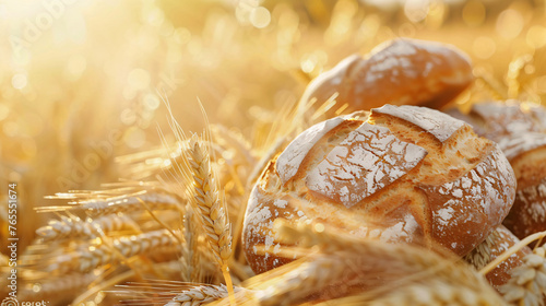Loaves of fresh wheat bread on wheat field background.
