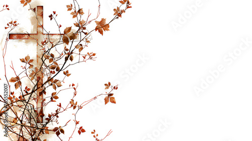 Cross  easter made of wood  leaves  thorns and tree branches on white background  copy space 