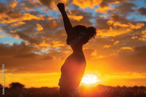 Triumphant Athletic Woman Silhouetted Against Sunset