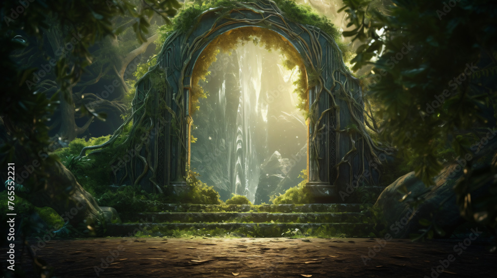Magic teleport portal in mystic fairy tale forest - obrazy, fototapety, plakaty 