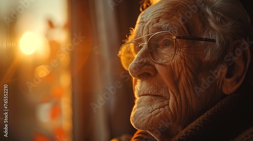 The face of an elderly man in glasses at sunset near the window. © Artem