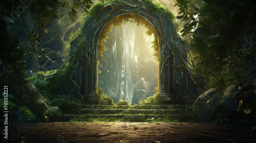 Magic teleport portal in mystic fairy tale forest photo