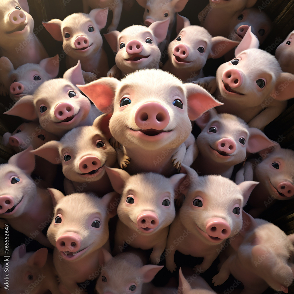 Fototapeta premium cute animated pigs, from above сreated with Generative Ai