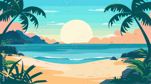 Tropical beach with palm trees and sunset, vector illustration. © Alice
