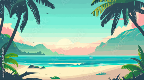 Tropical beach with palm trees and sunset  vector illustration.