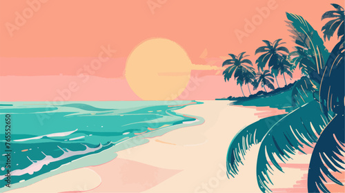 Tropical beach with palm trees and sunset, vector illustration. photo