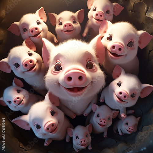 Wallpaper Mural cute animated pigs, from above сreated with Generative Ai Torontodigital.ca