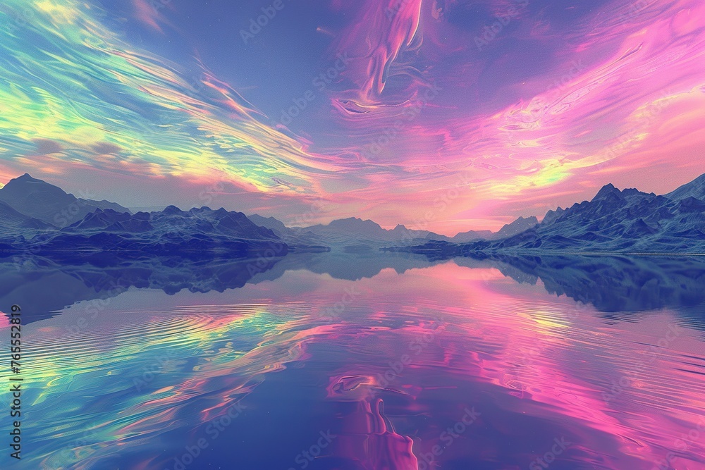 a neon-pastel gradient aurora over a tranquil lake, reflecting the dance of spiritual enlightenment, Digital art background
